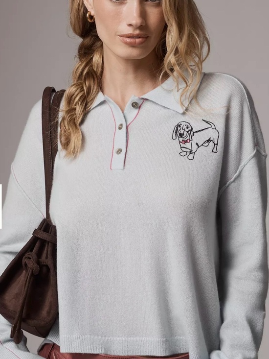 Pilcro Tops - Pilcro Light Gray Polo Sweater with Dachshund Embroidery